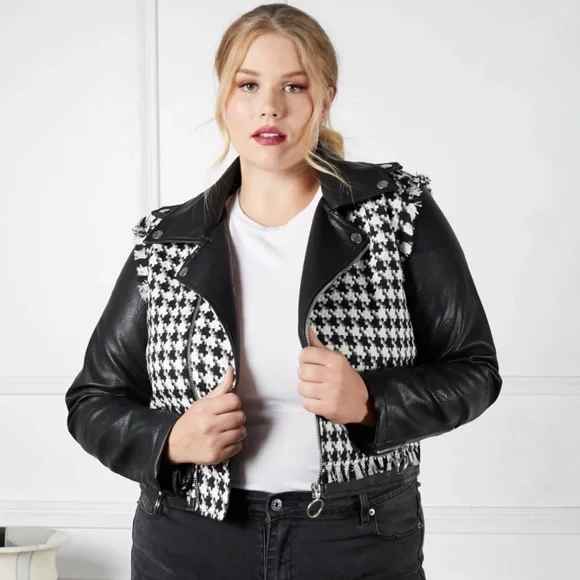 NWT-SONCY houndstooth frayed faux leather jacket - Picture 1 of 8